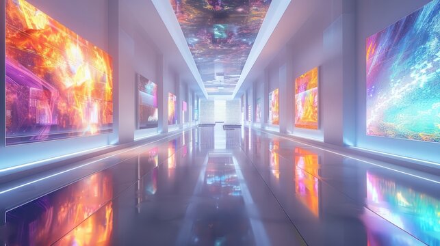 a hyperreal futuristic art gallery with digital artworks, holographic displays, and advanced technology integration, showcasing the future of art, offering ample copy space for text