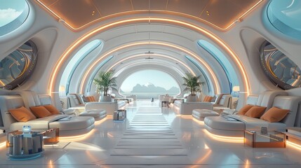 a hyperreal futuristic airport lounge with automated services, advanced amenities, and a luxurious environment, capturing the future of air travel, offering ample copy space for text