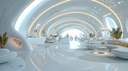 a hyperreal futuristic airport lounge with automated services, advanced amenities, and a luxurious environment, capturing the future of air travel, offering ample copy space for text