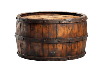 Fototapeta premium Rustic wooden barrel PNG, vintage oak cask with metal hoops, brown wood texture prop for packaging and branding isolated on Transparent Background