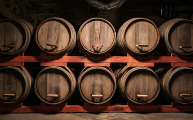 Old wooden barrels used for whiskey or wine.