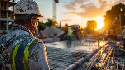 a site supervisor monitoring the quality of concrete being poured, ensuring it meets the required standards, with construction workers and equipment visible, providing clear copy space for text