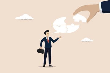 Communication speech bubble, help employee communicate with dialogue puzzle, discussion puzzle concept, help businessman hand connect puzzle on speech bubble.