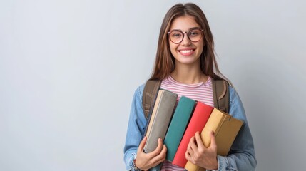 a joyful teacher holding books and a chalkboard, standing on a white background, radiating enthusiasm and dedication to education, providing clear copy space for text