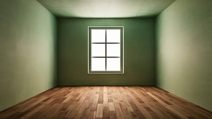 Fototapeta premium A bright, pastel green empty room with a window on one wall is awaiting an interior design change.
