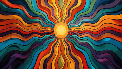: A psychedelic vector graphic featuring colorful wavy lines emanating from the center, inspired by the 1960s style. This design captures the era's vibrant colors and abstract patterns.