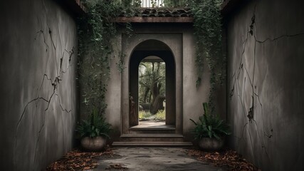 Obraz premium An aged wooden door set within a weathered stone arch, a grand medieval entrance to a historical European castle