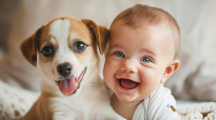 Adorable Baby and dog Smiling Brightly. Heartwarming and Joyful Moments Captured in a Cute and Cheerful Scene.