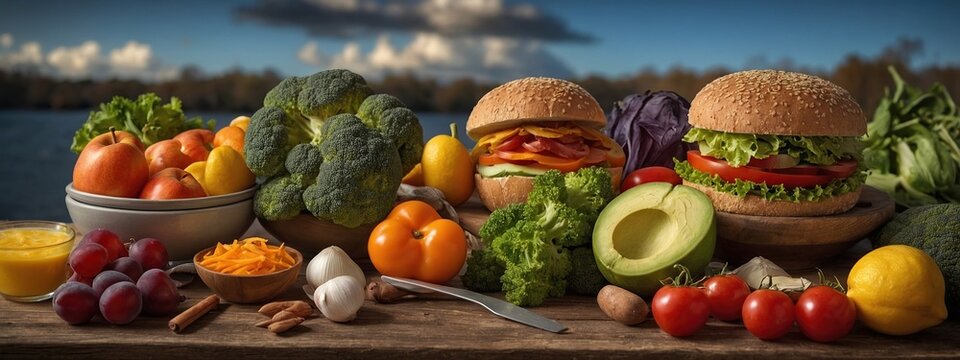 Keto diet and food items for it. Vegetables and fruits, diet burgers. Time-restricted eating. Intermittent fasting.