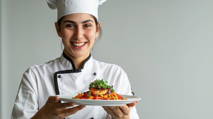 a joyful chef in a professional uniform, holding a plated dish, smiling proudly on a white background, capturing the creativity and joy in culinary arts, with ample copy space for text