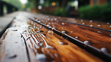 raindrops creating intricate trails on a wooden deck. Created with generative AI