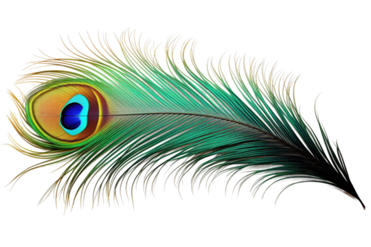 Ethereal Elegance: A Majestic Peacock Feather Unveiled on White or PNG Transparent Background.