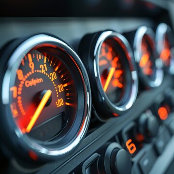 Closeup shot of a car's dashboard with three round gauges, showcasing speed, RPM, and other important information.