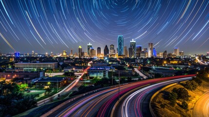 Fototapeta premium Dallas Skyline with Star Trails and City Lights
