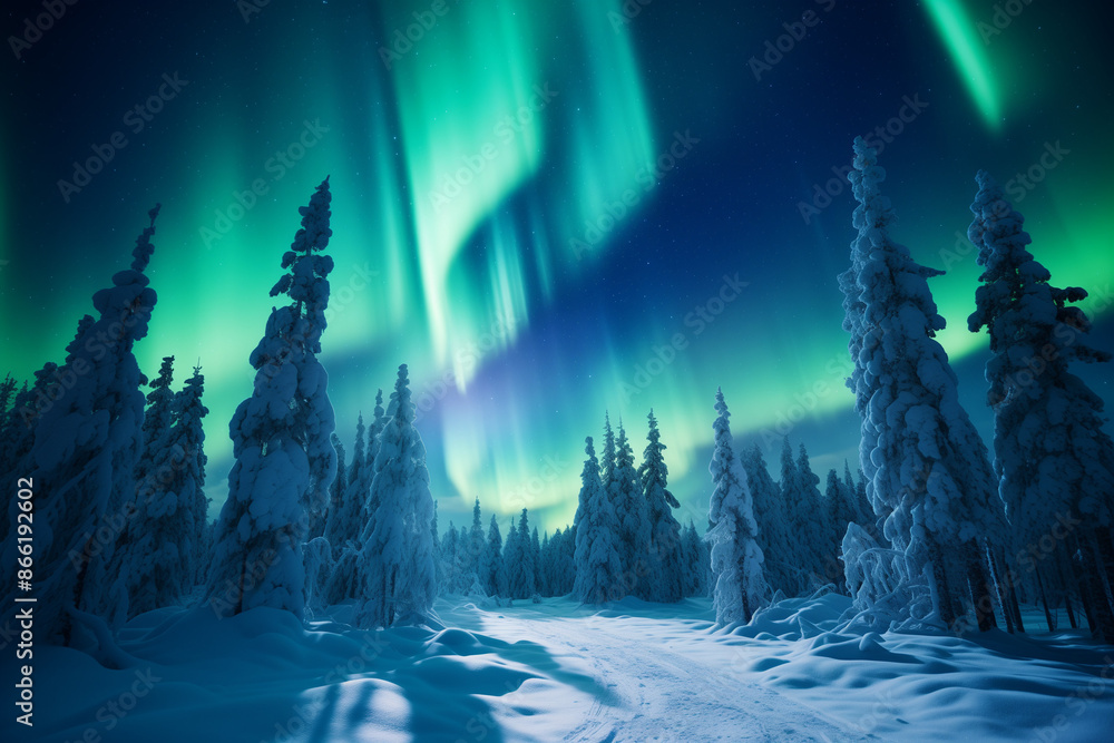 Wall mural The magical northern lights illuminating the snowy wilderness of Lapland, Finland. Generative AI tools