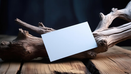 modern aesthetics of a blank name card on a wooden surface with driftwood