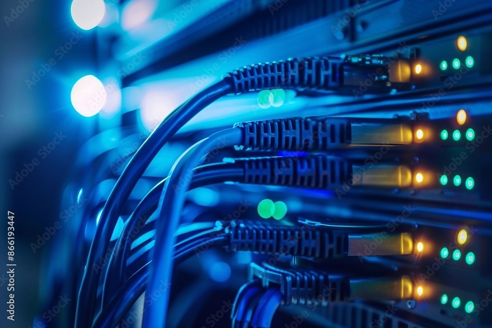 Poster close up of network cables connected to switch in technology data center room