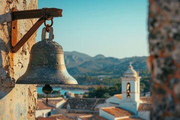 Church bell in a tower against a clear blue sky, with a softly blurred background of a quaint village or town.
