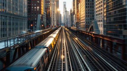 Obraz premium A train speeding on elevated tracks through an urban area, showcasing public transportation in a metropolitan city.