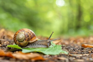 A snail crawls on a leaf in a forest setting. The snail is in focus while the background is blurred. The image is a close-up.