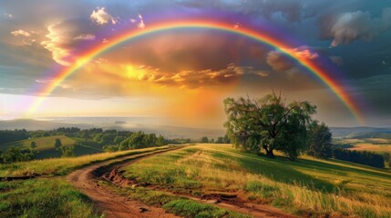 Obraz premium A vibrant rainbow emerging after a summer rain shower, arching over a picturesque countryside landscape.