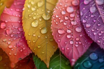 Colorful leaves with water droplets, rainbow colors, 