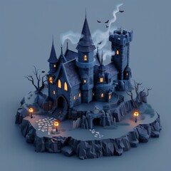 Fototapeta premium Haunted Halloween Castle on a Rock with Glowing Windows, Spooky 3D Illustration