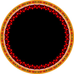 Traditional Russian Ornament. Template Hohloma in red, gold colors, floral border in traditional Old Russian style.Traditional Russian folk style hohloma, folk motif. Vector twig, flower. Round frame