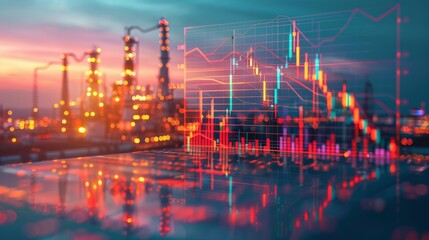 Fototapeta premium A glowing industrial cityscape at sunset, with overlaid financial charts. The image represents the intersection of technology and industry.