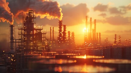 Obraz premium A silhouette of an industrial plant with smoke plumes against a sunset sky. The image evokes themes of industry, pollution, and the environment.