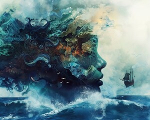 Surreal artwork of a woman's face merging with ocean waves and ship, representing nature's mystic beauty and human connection.