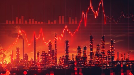 Fototapeta premium Red line graph rising over cityscape silhouette, representing growth and economic prosperity.
