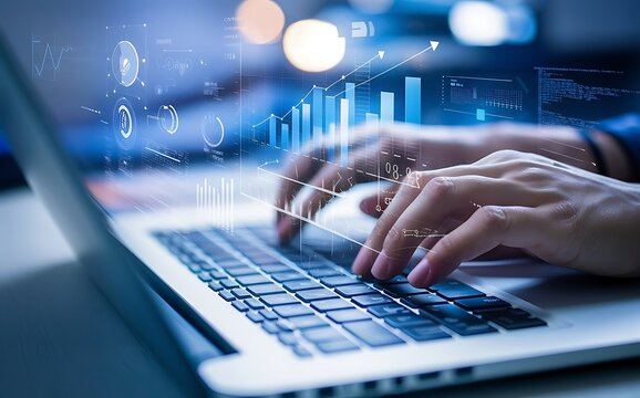 An analyst uses a computer and dashboard for data business analysis and Data Management System with KPI and metrics connected to the database for technology finance, operations, sales, marketing