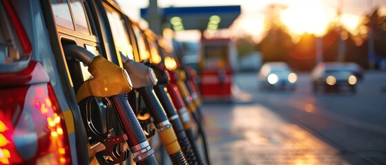 Obraz premium Close-up of gas station fuel pumps during sunset, with cars in the background and a warm glow reflecting off the equipment.