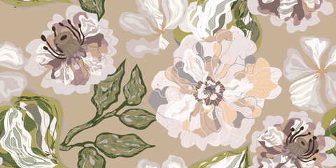 Fantasy stylized blooming floral pattern with peonies flowers, seamless endless vector rapport with overlapping pattern © Naya Chu