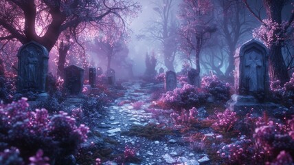 Mystical graveyard with overgrown tombstones and glowing pink flowers at dusk. Concepts. spooky, halloween, fantasy, magic, death, afterlife, serene