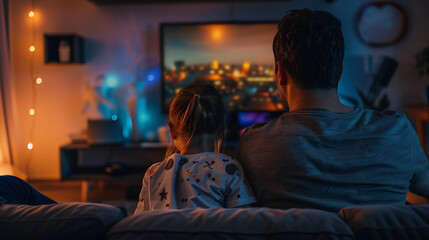 Naklejka premium Rear view of one adult and one child sitting in the living room and looking at a computer screen together in a well-lit modern apartment. Generative AI illustration 