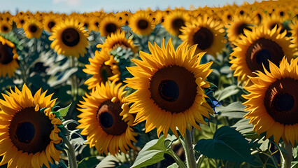 Fototapeta premium field of sunflowers under a bright blue sky, with a gentle breeze rustling the petals