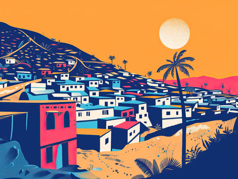 Risograph riso print travel poster, card, wallpaper or banner illustration, modern, isolated, clear and simple of Harar, Ethiopia. Artistic, screen printing, stencil digital duplication
