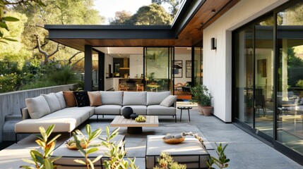 An outdoor patio of a minimalist home with contemporary outdoor furniture and potted plants for a serene setting.