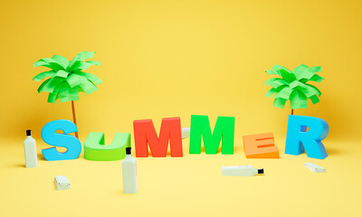 The word summer with palm trees. Bottles are scattered. 3d illustration