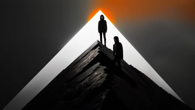 Two silhouetted figures stand at a stark crossroads. Brilliant white light illuminates one path, fiery orange glow the other. Dark, textured ground contrasts sharply with light. 