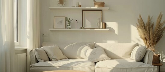 Cozy living room in apartment with vertical shot showcasing couch, coffee table, and white shelf adorned with home decor on wall. Elegant interior design with blank space.