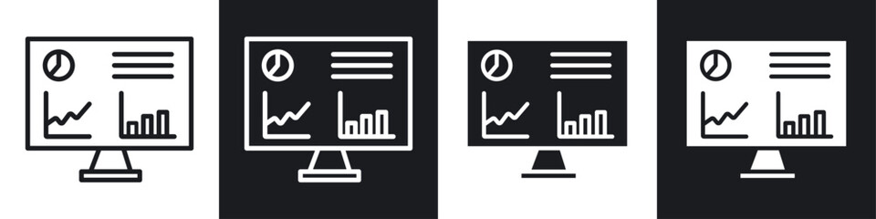 Dashboard icon set. real time data monitor vector symbol. analytics presentation sign. kpi icon. performance optimization. admin statistics panel screen symbol in black filled and outlined style.