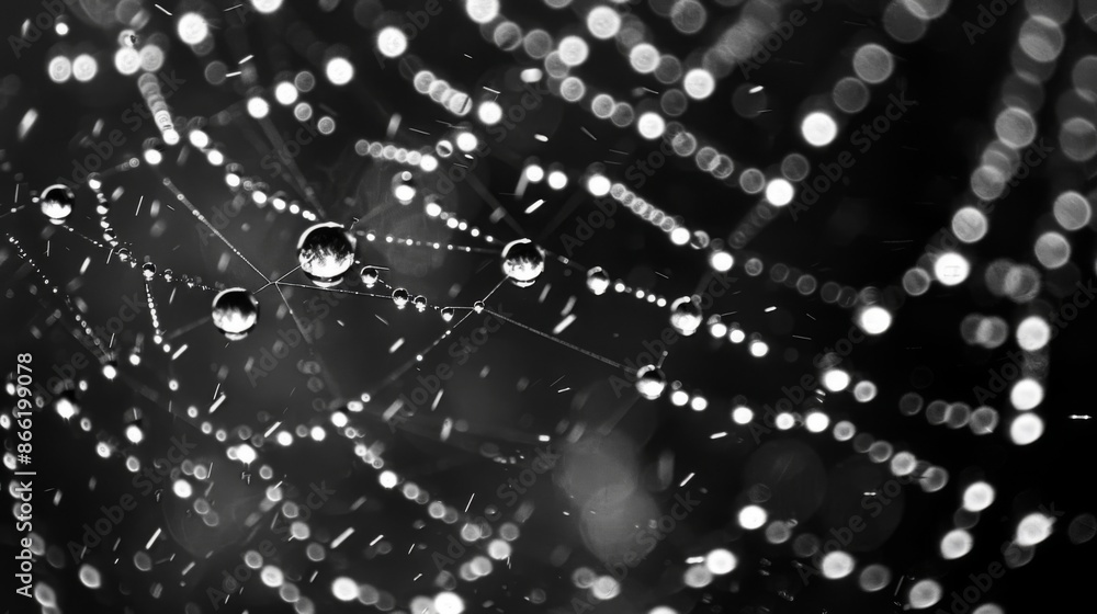 Poster raindrops glistening on a spider's web, capturing the intricate patterns and delicate beauty of natu