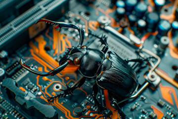 A stag beetle sitting on computer motherboard, computer virus concept.