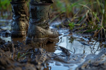 Closeup of muddy boots partially submerged in water, capturing the rugged, wet conditions of an outdoor adventure or work environment