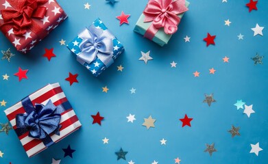 Obraz premium Festive patriotic gift boxes with stars and ribbons on a bright blue background