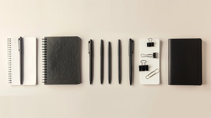 A collection of sleek, modern blanc stationery including notebooks, pens, and paper clips, aligned in a straight line on a solid ivory backdrop