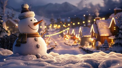 Fototapeta premium 3D illustration of a cute snowman and a town at night